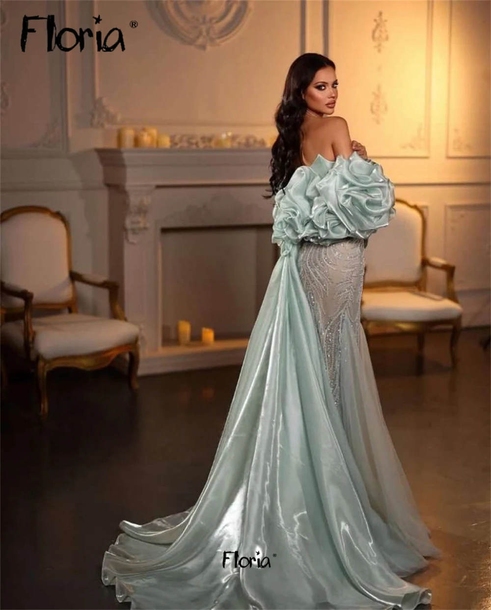 

Exquisite Shawl Cape Evening Dress Long Formal Ocassion Gown Green Organza Prom Dresses Two Pices Desin Customized Duabi Arabic