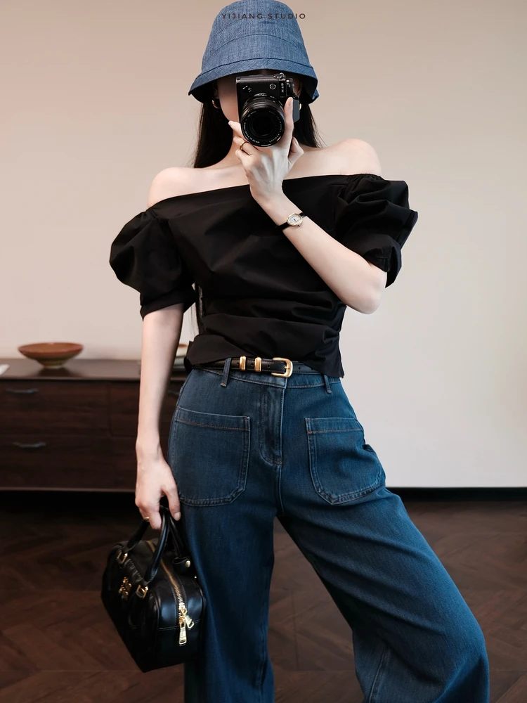 

Летняя женская блузка с короткими рукавами-фонариками, плиссированная, с завышенной талией, на одно плечо, с 3D-принтом, из полиэстера, с защитой от УФ-излучения