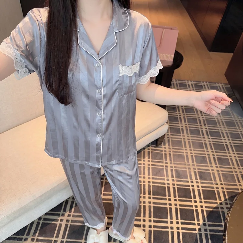 French-Style Silk Textured Women's Pajamas, Summer Thin Ice Silk Short-Sleeve and Long Pants, Simple Cardigan Homewear Set