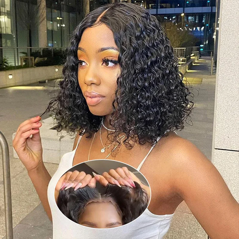 

5x5 hd lace frontal human hair wig on sale Brazilian transparent 100% glueless preplucked deep wave curly bob wigs ready to wear