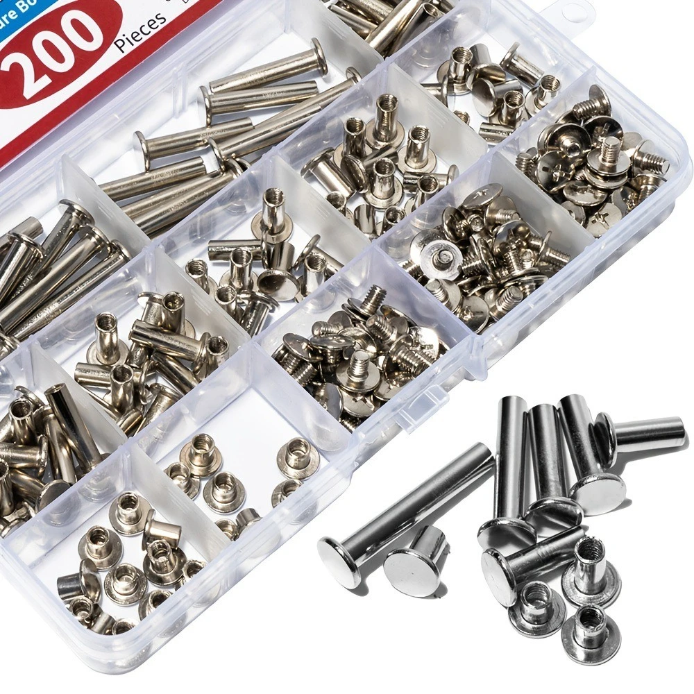 

200pcs Carbon Steel Chicago Screws Phillips Head Binding Rivets for Leather/Belt/Purse/Bookbinding Fastener Kit Fasteners