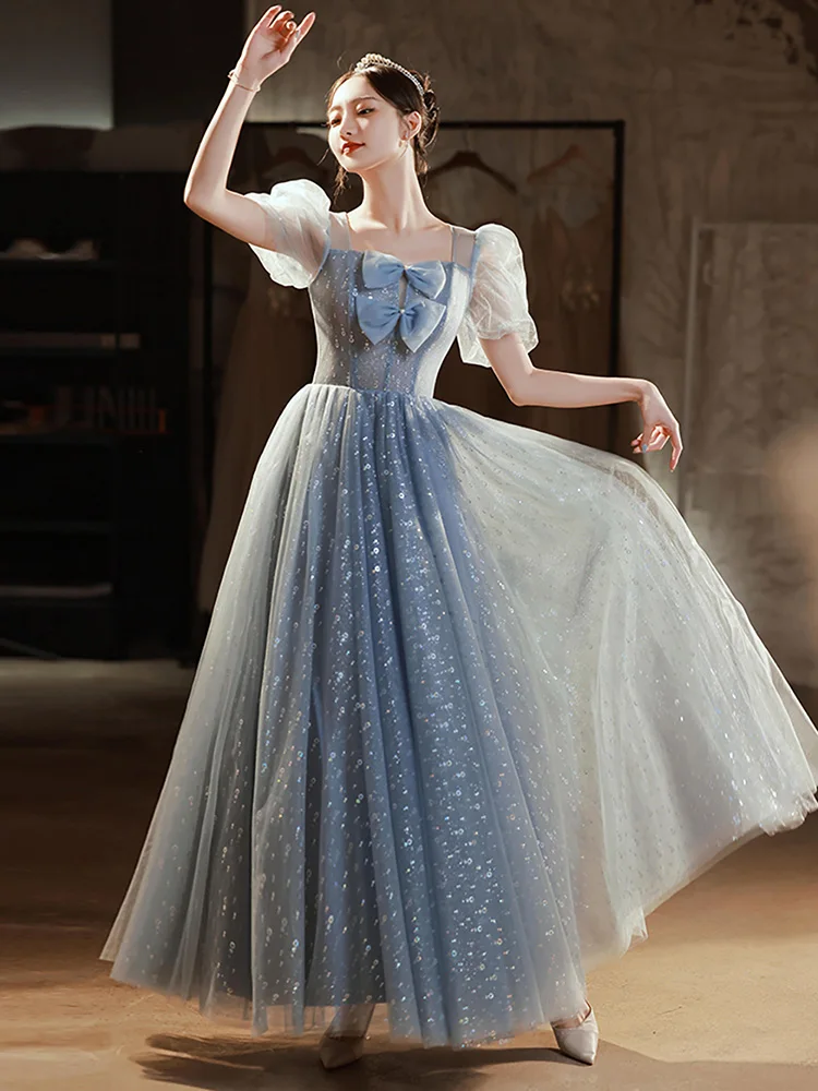 

Formal Gown for Women Party Banquet French Style Square Collar Bow Blue Tulle Princess Evening Dress Stage Performance Dresses