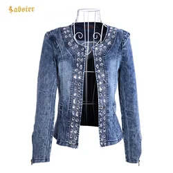 2018 New Arrival spring Antumn denim jackets vintage Diamonds casual coat women's denim jacket for outerwear jeans Female 4