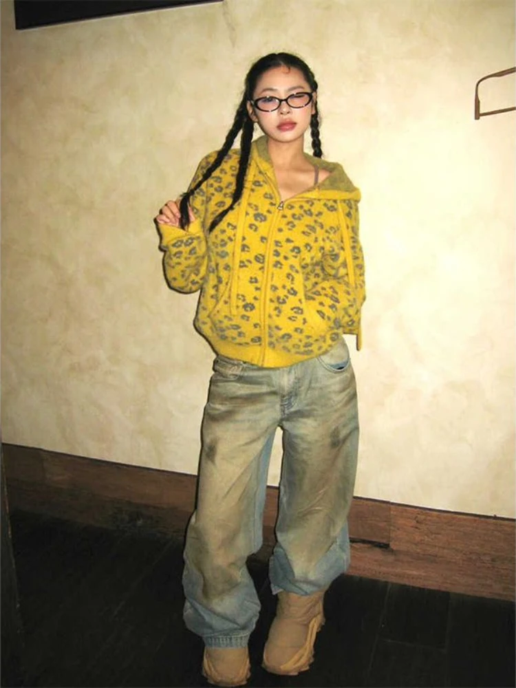 

Корейское пальто с леопардовым принтом в стиле гранж, винтажные свободные свитера в стиле Харадзюку, новинка 2025, повседневные вязаные женские кардиганы Y2k, эстетические женские