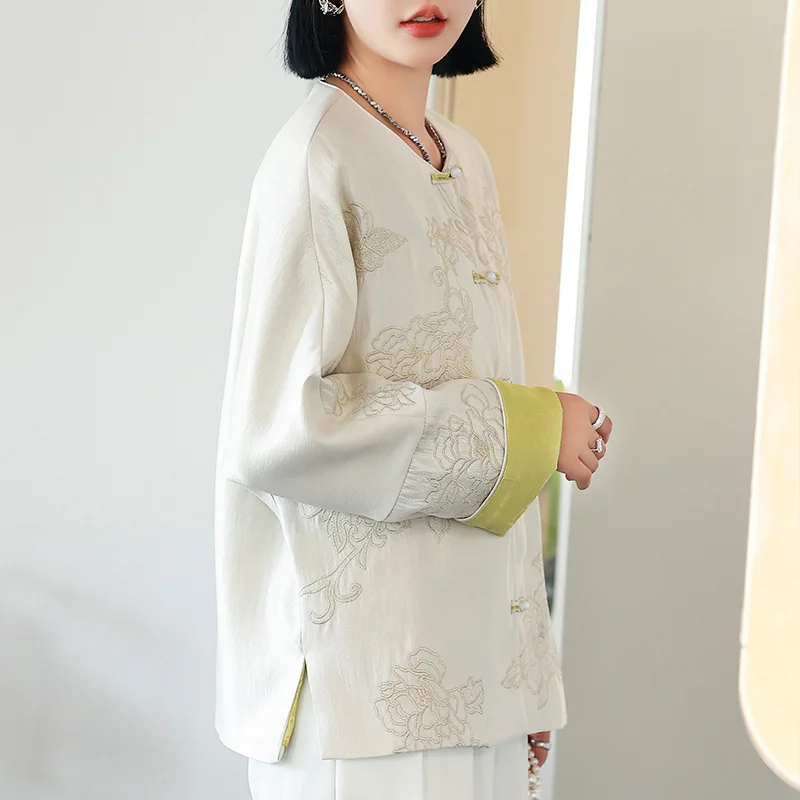 Estilo chinês fivela de disco em torno do pescoço casaco curto vintage contraste costura bordado topo outono inverno versátil jaqueta hanfu