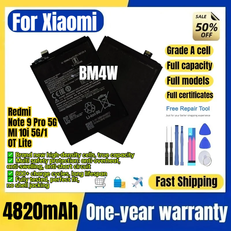 BM4W for Xiaomi Redmi Note 9 Pro 5G/MI 10i 5G/10T Lite Phone Battery 0Cycle High Capacity Battery Replacement Bateria with Tools
