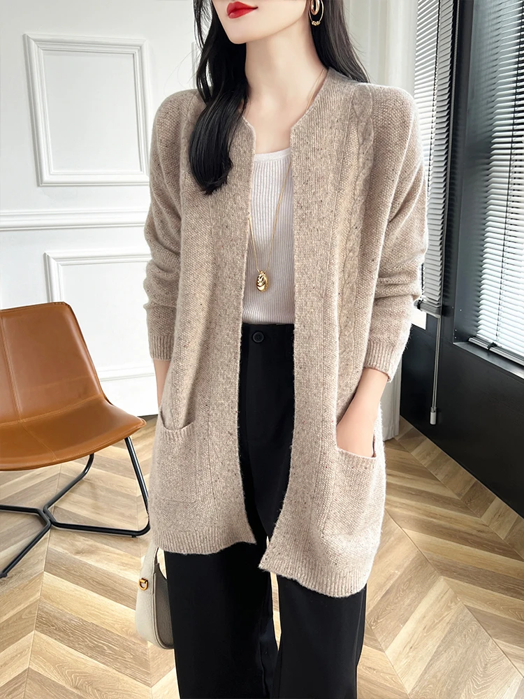 

Classic Autumn Winter Women 100% Merino Wool Sweater Dot O-Neck Long Knitted Cardigan Casual Basics Pocket Cashmere Clothing Top