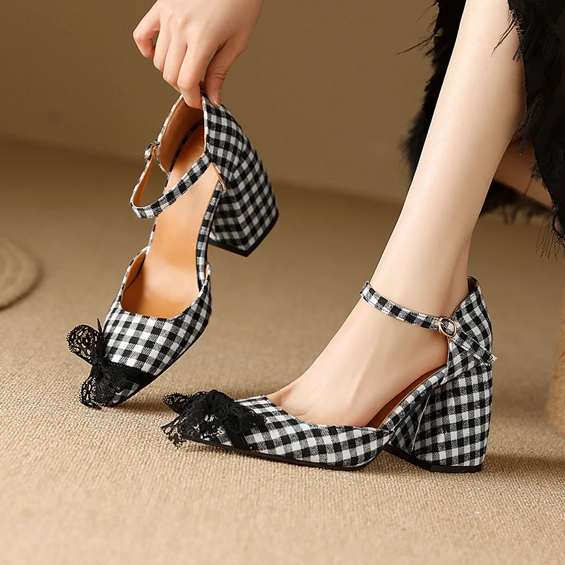 Plus Size Ultra-High Thick Heel Plaid Fabric Material Mary Jane Shoes With Tassels Decals Ankle Buckles Side Hollowed Out Sandal