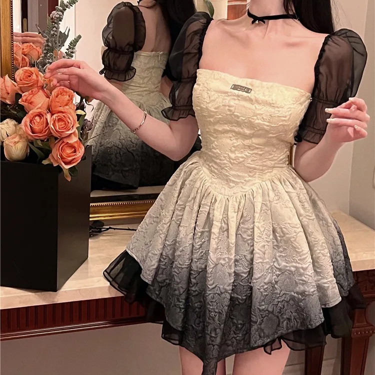 

Elegant Gradient Retro Square Collar Princess Short Dress Women's Mesh Bubble Short Sleeve Slim Fit Dress Korean Style Commut...
