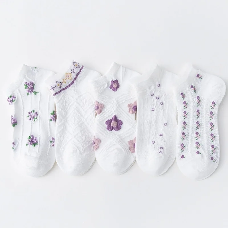 5 Pairs Lot New Women Cute Flower Ankle Socks Set Spring Summer Female Lady Boat Lace Low Cut Girl Happy Short Sock For Women