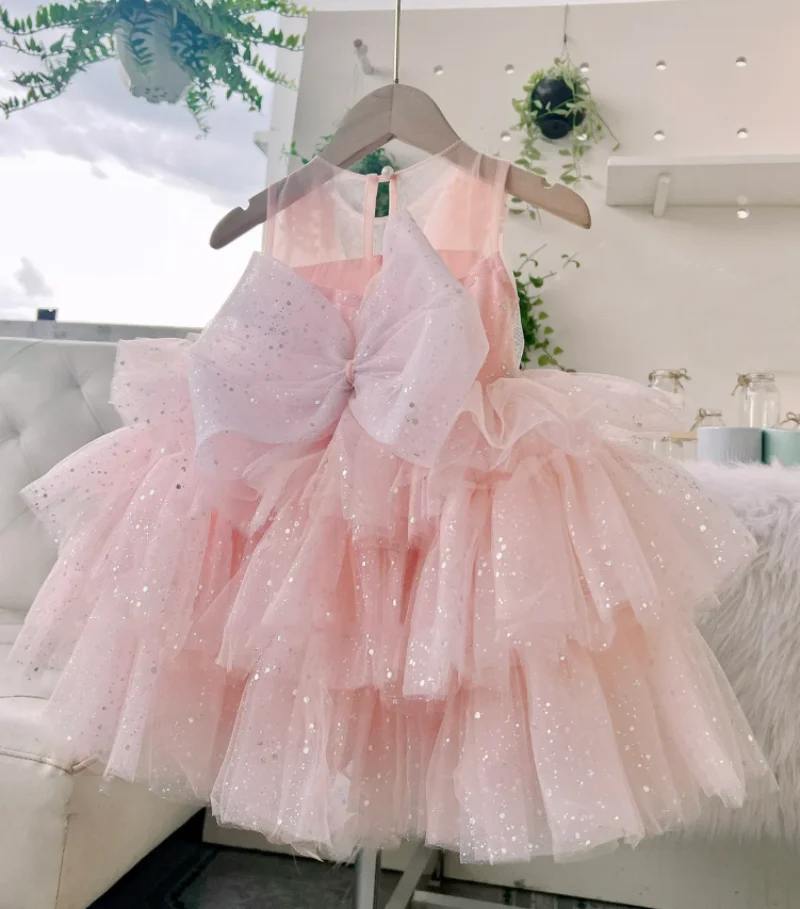 

Pink Glitter Tulle Flower Girl Dress Big Bow Tiered Puffy Knee length Baby Girl Dress Toddler Tutu Outfit 12M 24M