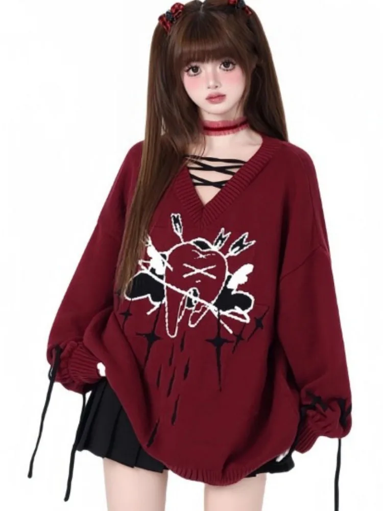 

Жаккардовые милые повседневные вязаные свитера в стиле гранж с героями мультфильмов, осень 2022, бандажные джемперы в стиле Харадзюку, эстетические винтажные свободные пуловеры Y2k