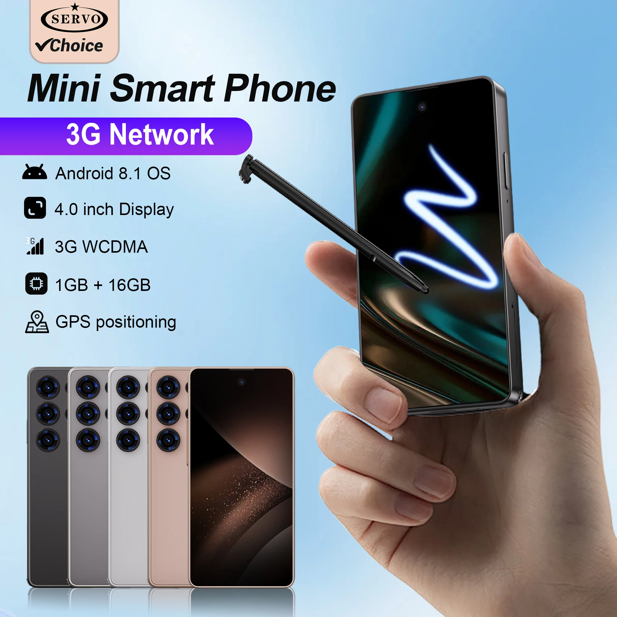 SERVO Built-in Stylus Mini Smartphone Android 3G Cellular 4