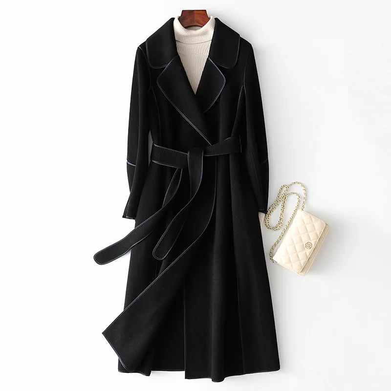 2024 Women Autumn Coats Drouble Face Wool Long Coats With Belt Women Elegant Cashmere Coat Veste Femme Tops New