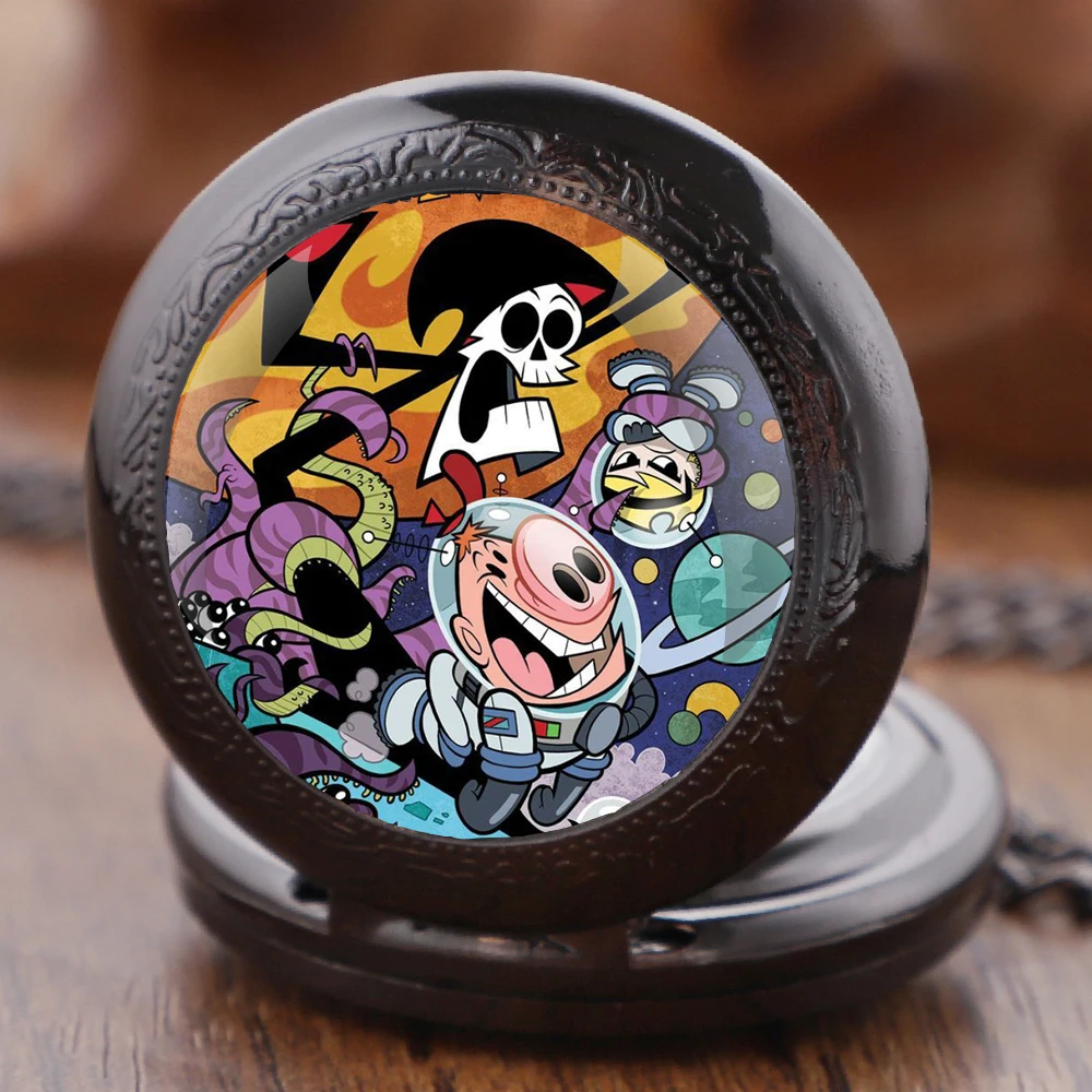 Billy e Mandy Glass Dome Quartz Pocket Watch With Durable Chain Arabic Numeral Dial Halloween Gifts for Men Women Kids