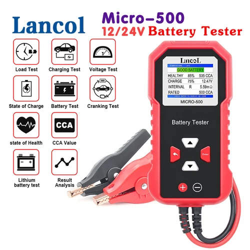 Imagen 1 del producto Lancol-probador de batería de Moto y coche, Micro 500, 12/24V, 40 a 3000CCA, carga de arranque, herramientas analizadoras de capacidad de batería de motocicleta