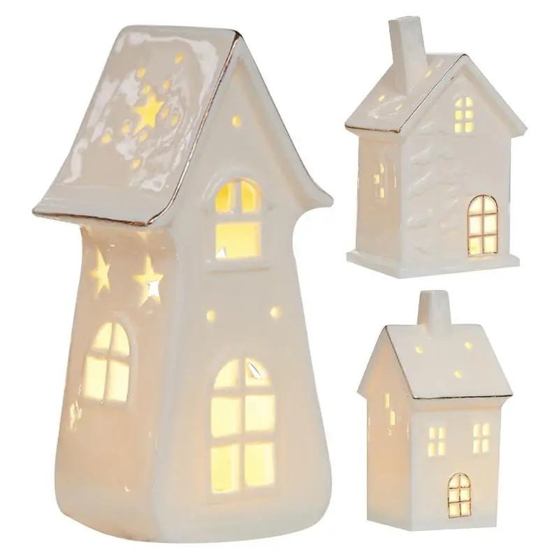 LED Lighted Christmas Village Porcelain Ceramic Figurines For Holiday Mantle Tabletop Decor Festive Christmas Ornaments