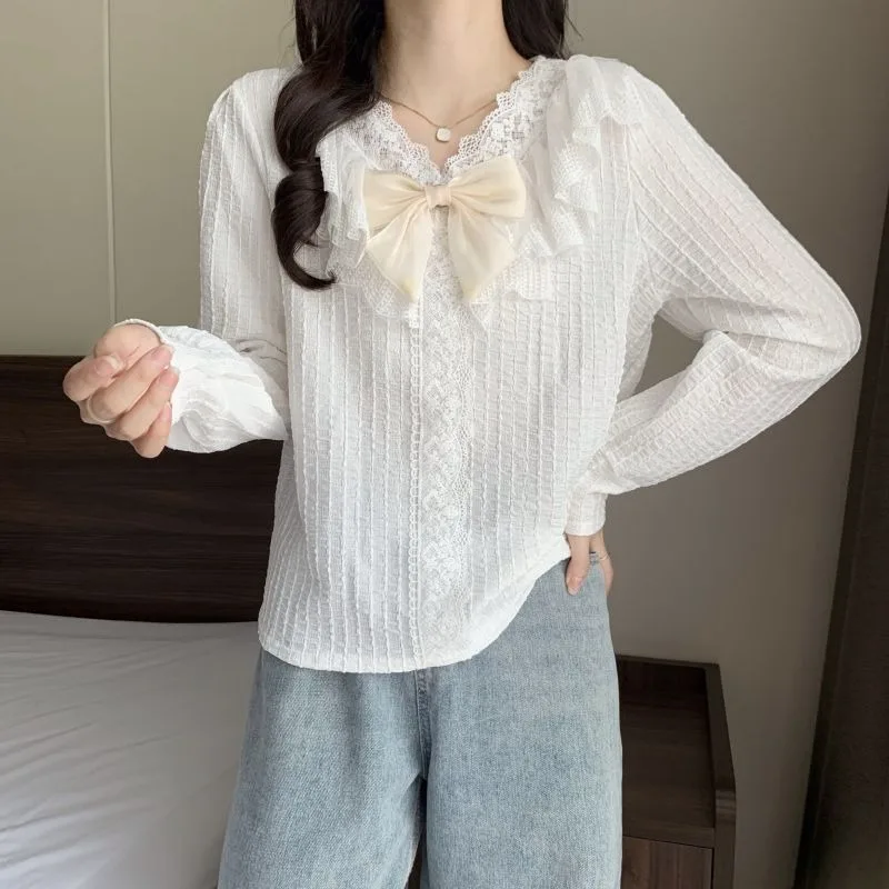 Femme printemps été mode Preppy Style bouton couleur unie col en v coton femmes chemises jeune Style animé à manches longues haut t-shirt