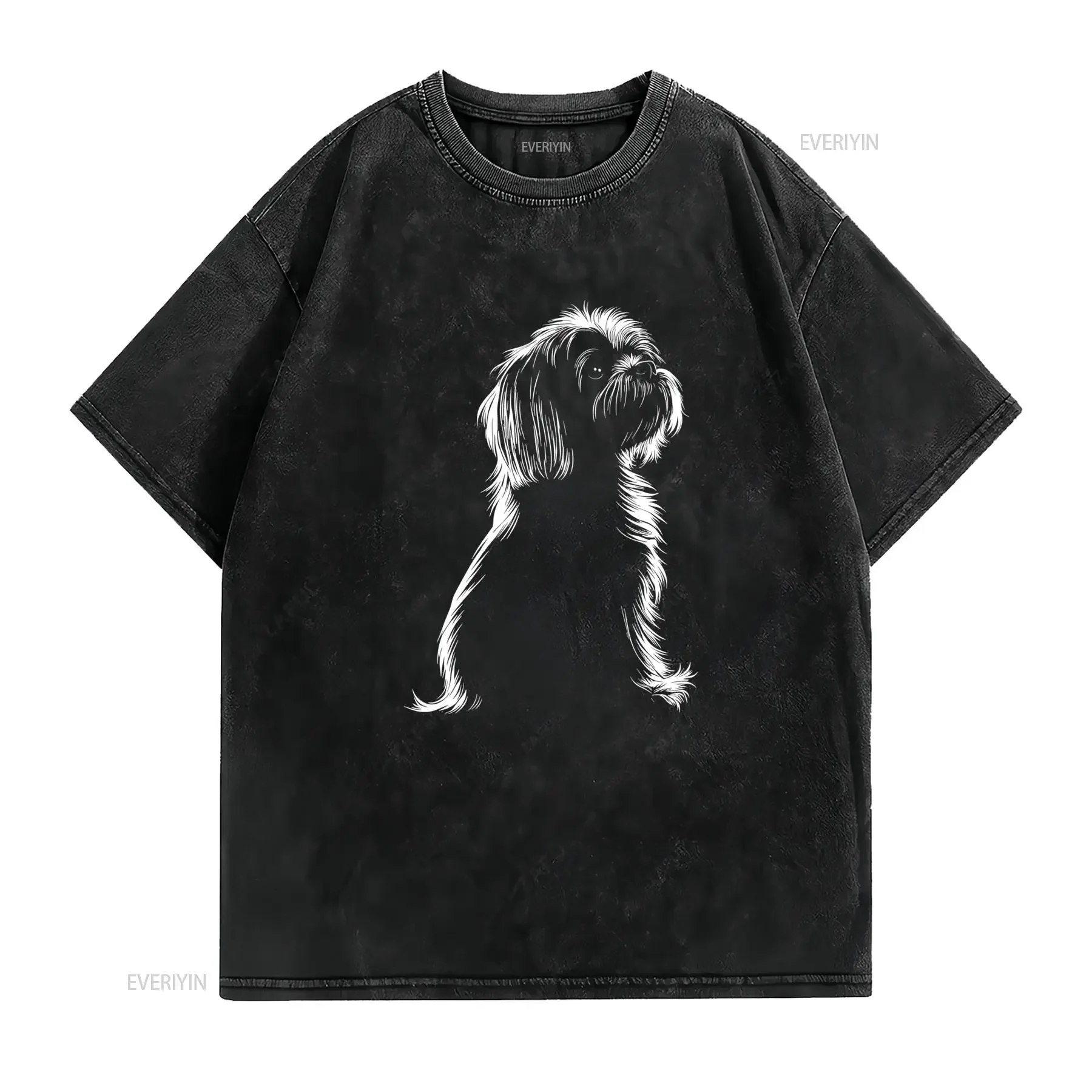 Minimalist Black White Line Art Long Haired Hound Dog Print Casual T Shirt vintage Washed Top For Everyday Wear Soft