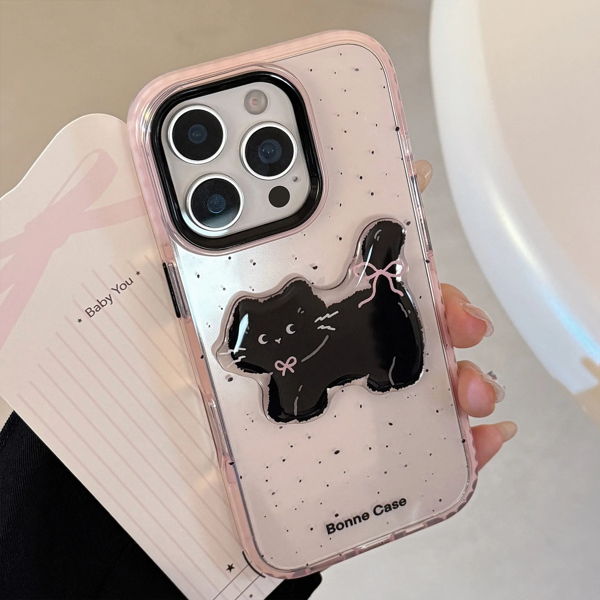 Korean Splash-ink 3D Cartoon Black Cat Pattern Phone Case For iPhone 17 16 15 14 13 12 Pro Max Pink Transparent Shockproof Cover