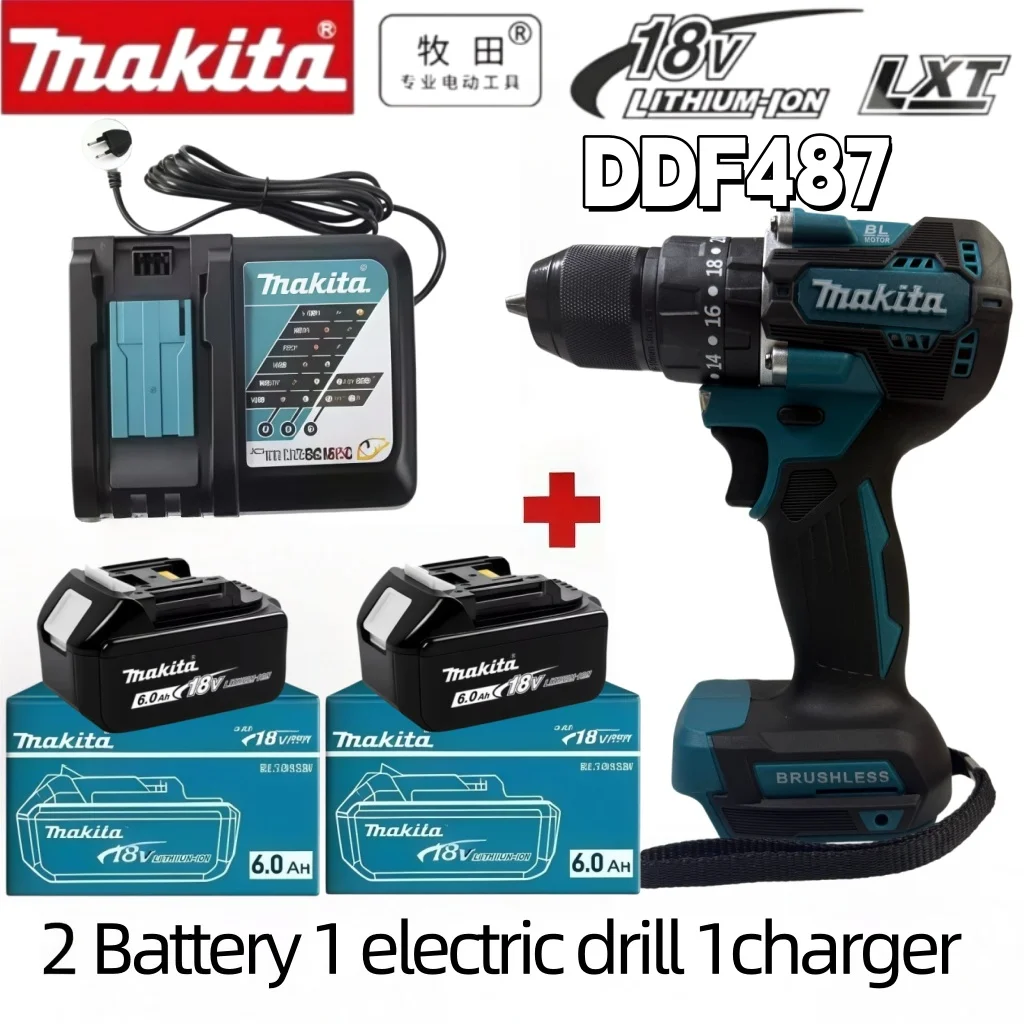 Original Makita DDF487 18V 13mm Akku-Bohrschrauber-Set Ausgestattet mit 6Ah Ersatzakku und Standardladegerät