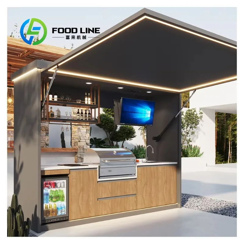 Customized 3M Portable Waterproof Modular Prefab Outdoor Kitchen With Bar Counter & Pergola Complete Design