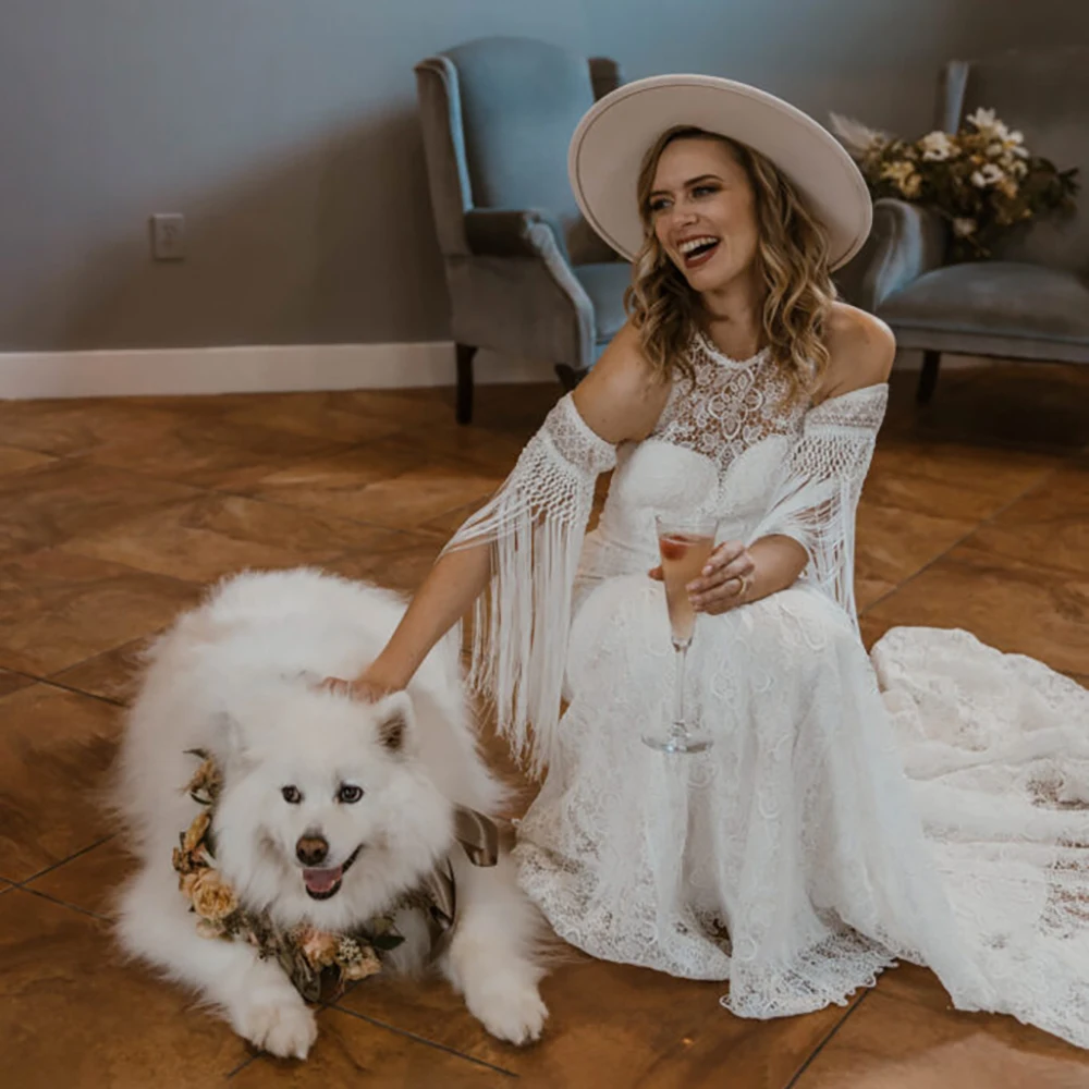 Robe de Mariée Sirène en Dentelle Florale Découpée, Dos aux, Personnalisée, Patients Boho, Quelle que soit la Frange, Poignées Amovibles, Manches