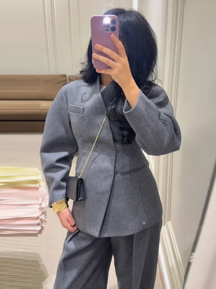 Casual Solid Women's Woolen Coat Trouser Suits Waist-Closed V-Neck Straight Pants Lady Set 2026 Autumn Winter Set Female New