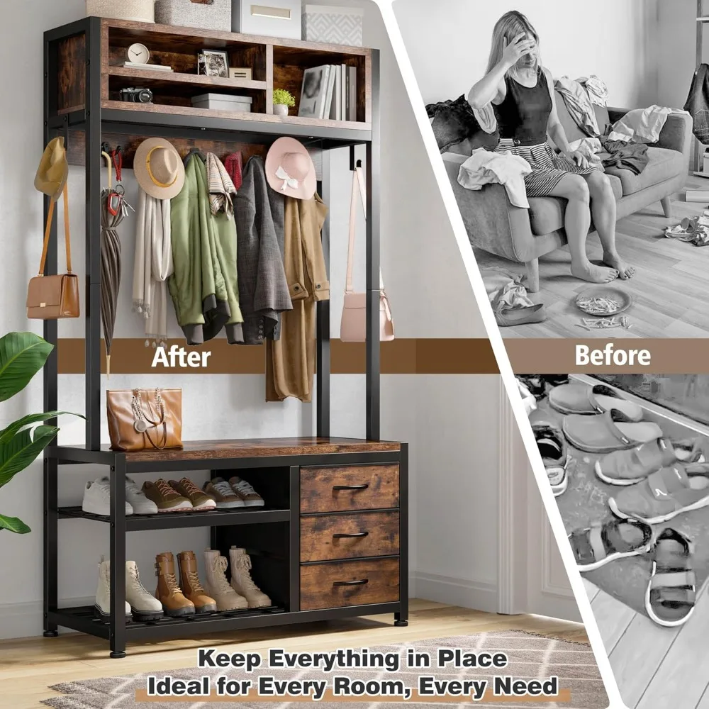 

Wardrobe with Bench and Shoe Storage Platform, Independent Clothes Hanger with 3 Fabric Drawers, and Shoe Storage Platform