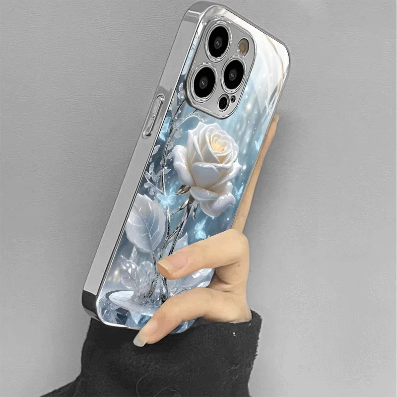 

White rose pattern electroplated glass phone case, suitable for iPhone 17, 16, 15, 14, 13, 12, 11, etc.