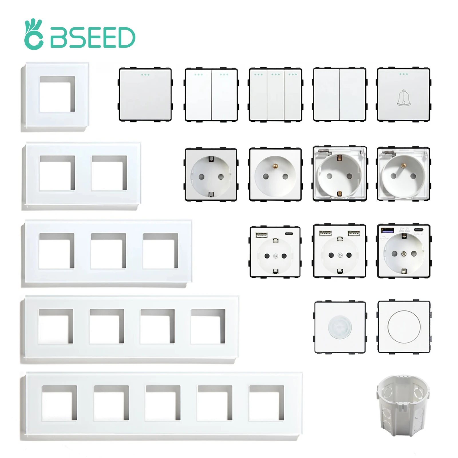 BSEED 1/2/3 Gang 1/2 Way Przycisk Ścienny Włącznik Gniazdko Elektryczne Gniazda Elektryczne Część Szklana Ramka Moduł DIY Dowolna Kombinacja