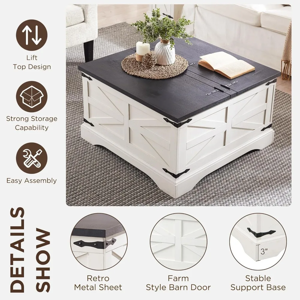 Farmhouse Lift Top Coffee Table with Storage, 36" Wood Square Center Table with Large Hidden Compartment, Rustic Lift Tabletop