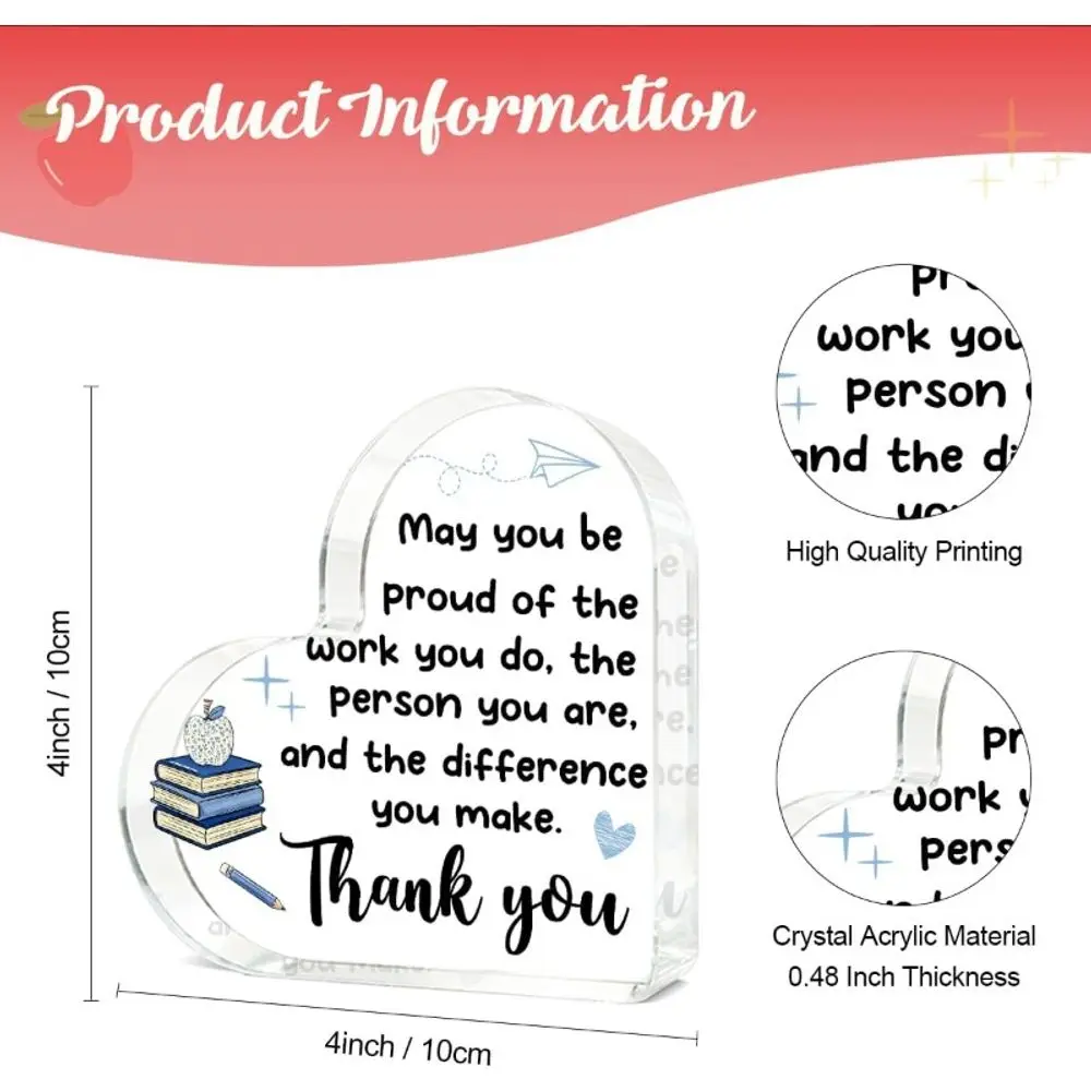 Acrylic Heart Teacher Appreciation Gift, Birthday Christmas Retirement Graduation Desk Decor for Men & Women Teachers