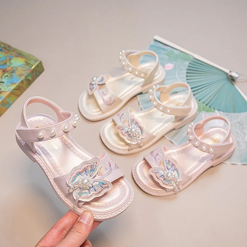 Girls Embroidery Butterfly-knot Sandals Ethnic Style Fashion Children Beading Princess Sandals Kids Summer Beach Shoes Sweet