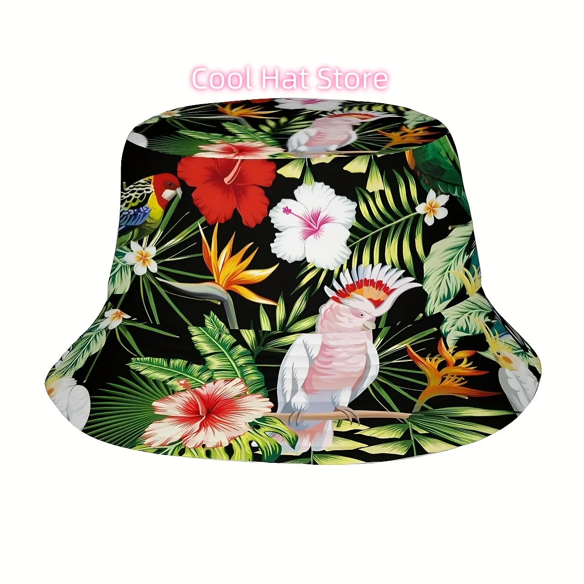 Unisex Printed Fisherman Hat Featuring a Pattern of Tropical Flowers And Leaves on a Black Background, Perfect for Outdoor Activ