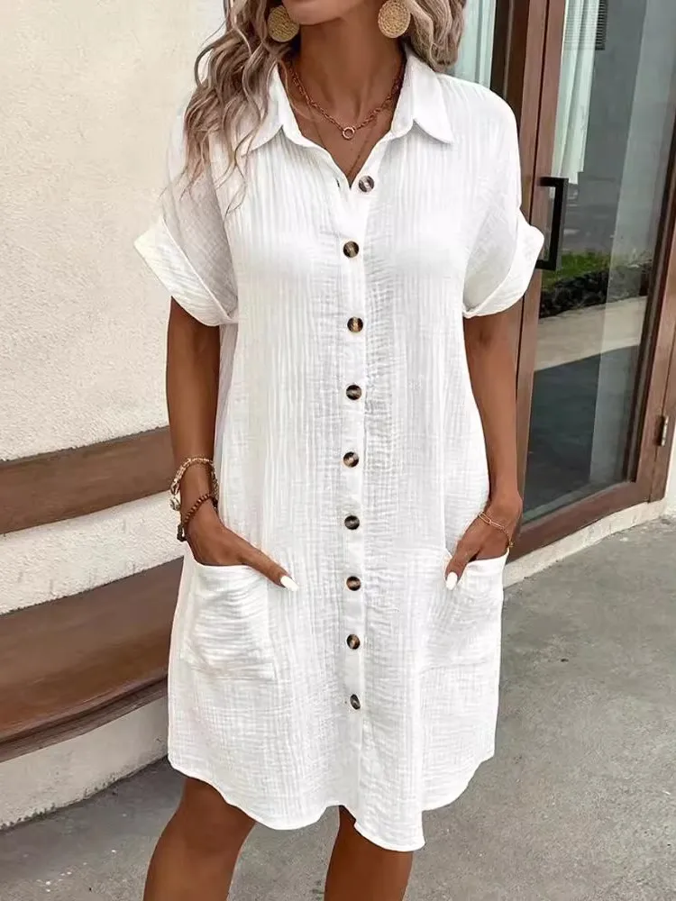 Verão simples algodão camisa de linho vestido para mulheres casual solto bolsos botão vestidos brancos 2024 cor sólida roupas femininas