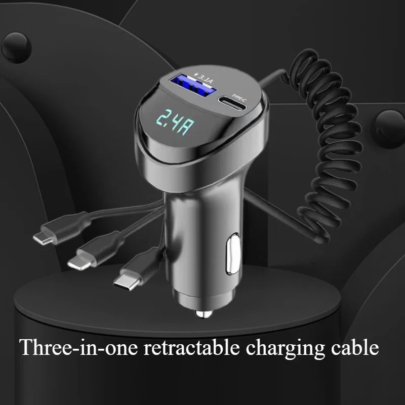 55W 2 Ports USB Fast Car Phone Charger 3.1A with Voltage Display Car Three In One USB Retractable Charging Cable