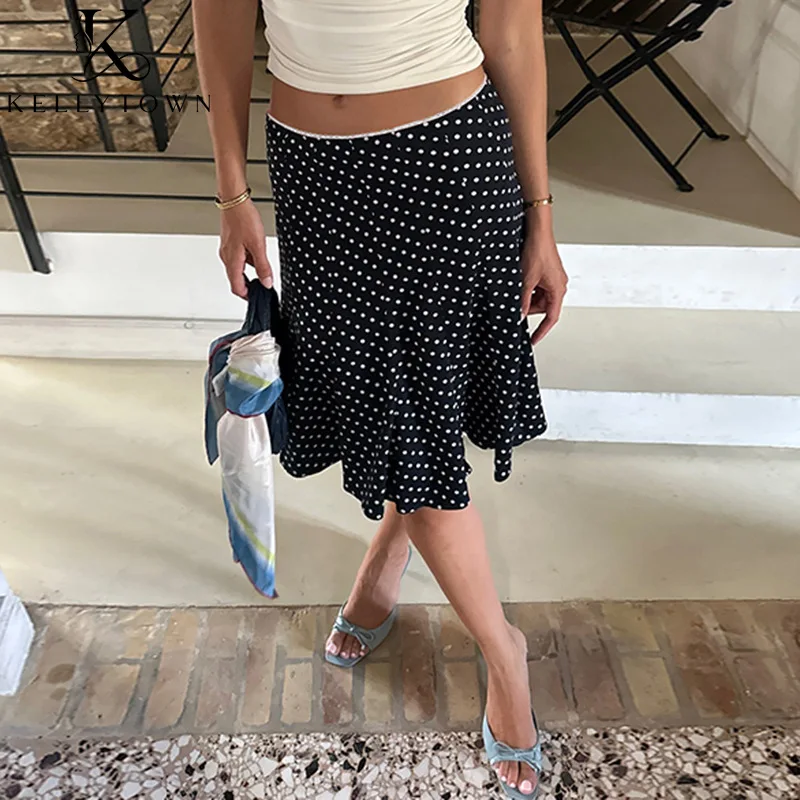 Polka Dot Print Skirt Women High Waist Trim Lace Skirts Knee Length Color Block 2026 Summer Elegant Sexy Black Mermaid Skirt
