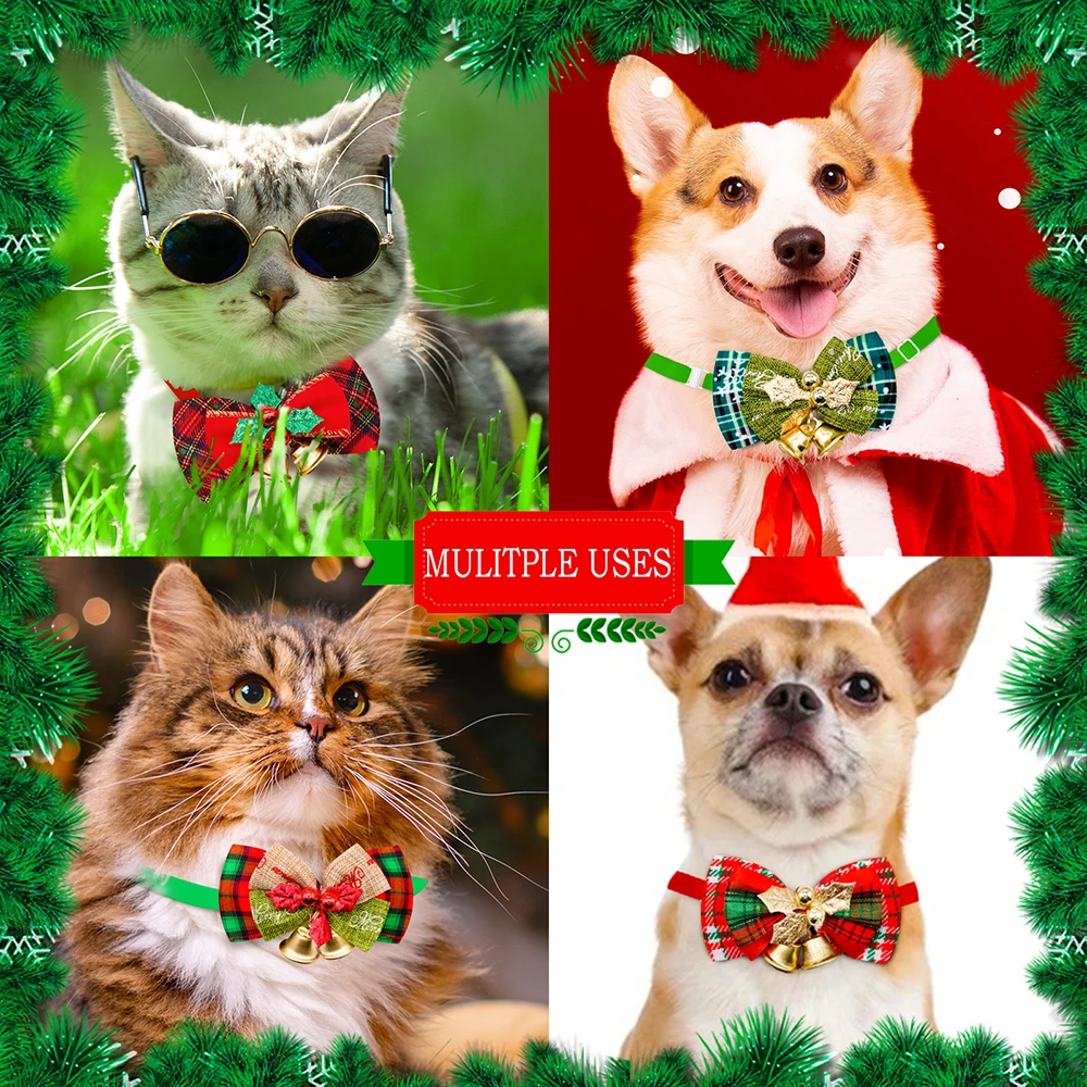 5PCS Pet Collars With Bell Christmas Adjustable Dog Bowties Neckties Plaid Dog Bow Ties Pet Grooming Accessories For Dogs