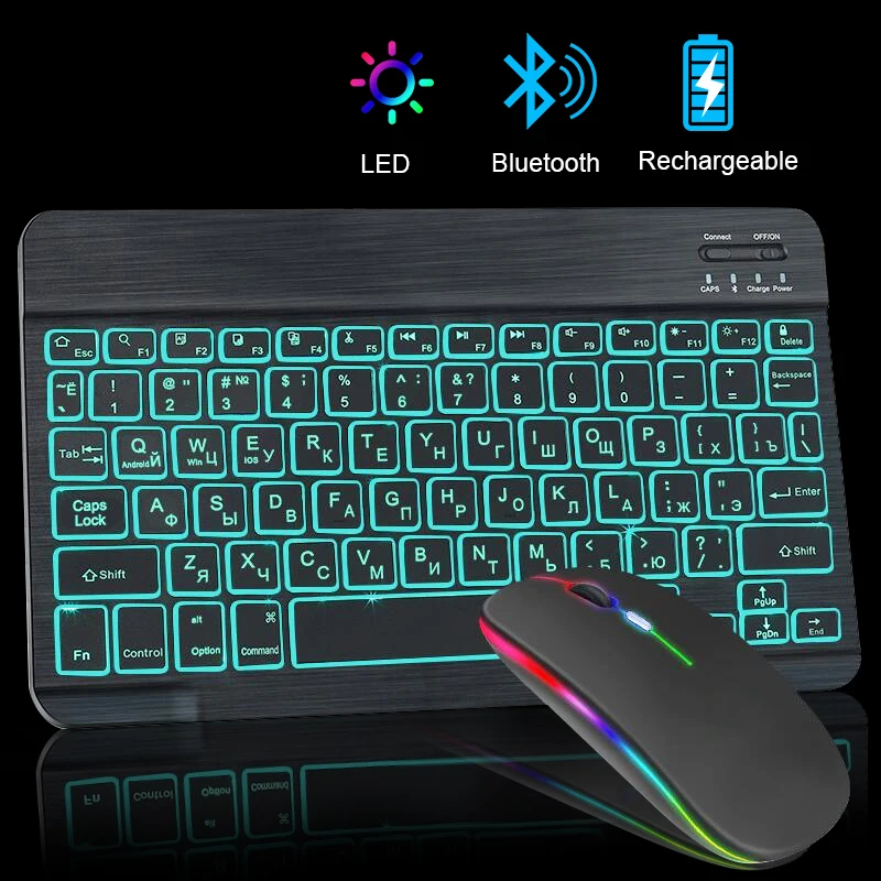 LED Wireless Bluetooth Keyboard RGB Keyboard And Mouse Spanish Mini Backlight Russian keyboard For Phone Tablet ipad pro 11