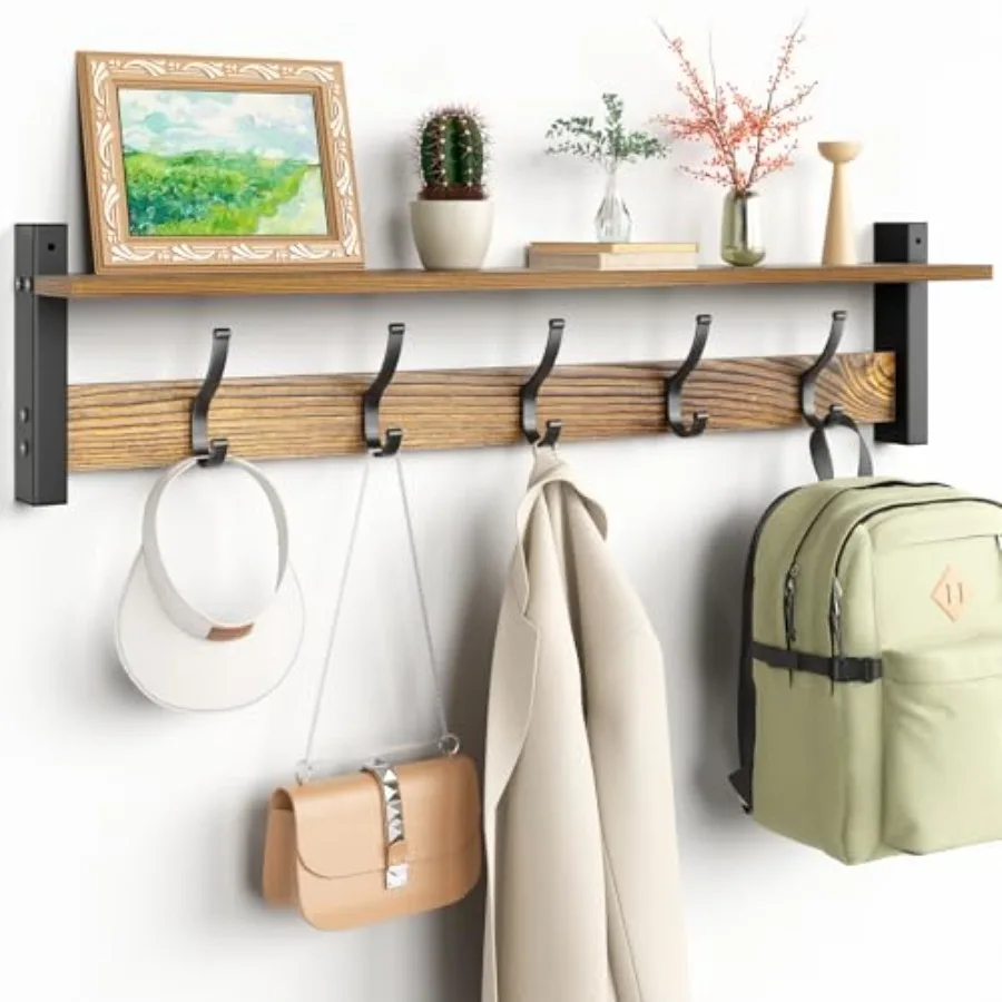 

Coat Rack Wall Mount with Shelf Coat Hanger Walls Mounted Hat Rack for Walls Shelf with 5 Coat Hooks Wall Hanger for Entryway