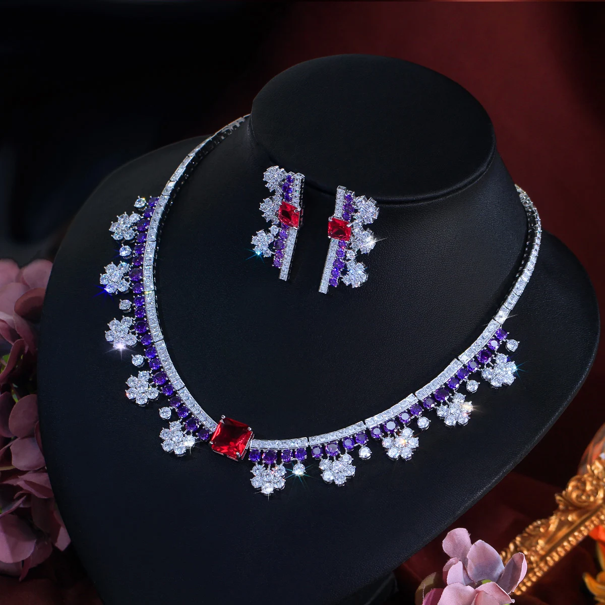 CWWZircons Multicolor CZ Crystal Choker Necklace And Earring Set for Women High Quality Engagement Wedding Jewelry Gift T1007