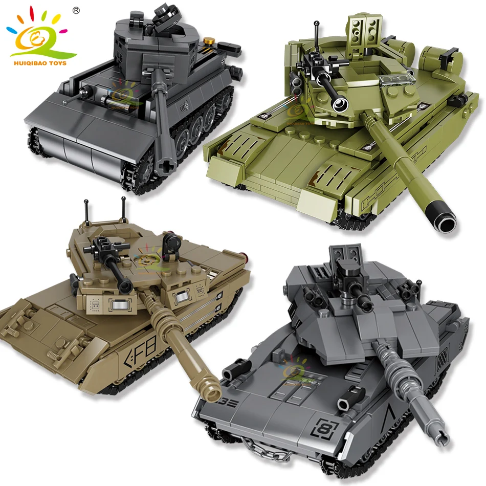 

HUIQIBAO Military WW2 Main Battle Tiger Tank Building Blocks with 2 Army Soldier Figures Brick Educational Toys for Children Boy