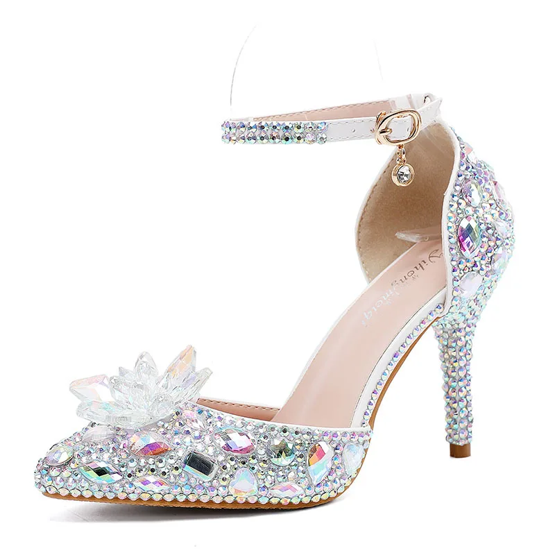 

New 9cm Crystal Flower High Heel Sandals Luxury Brand Rhinestone Stiletto Heel Bridal Wedding Shoes Women Summer Sexy Sandals