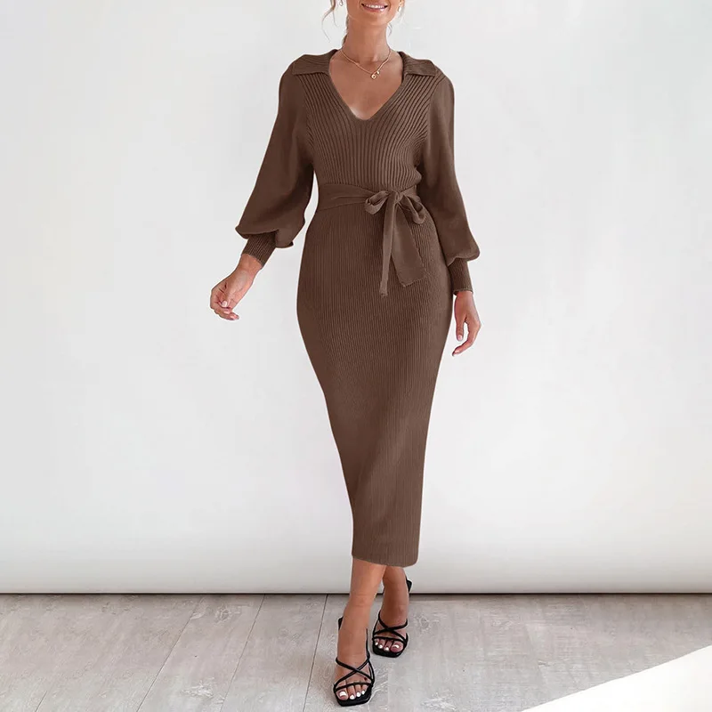 

2025 New Autumn and Winter Women's Elegant Retro Light Wind Lantern Sleeves V-neck Knitted Sweater Skirt Temperament Chic Dress