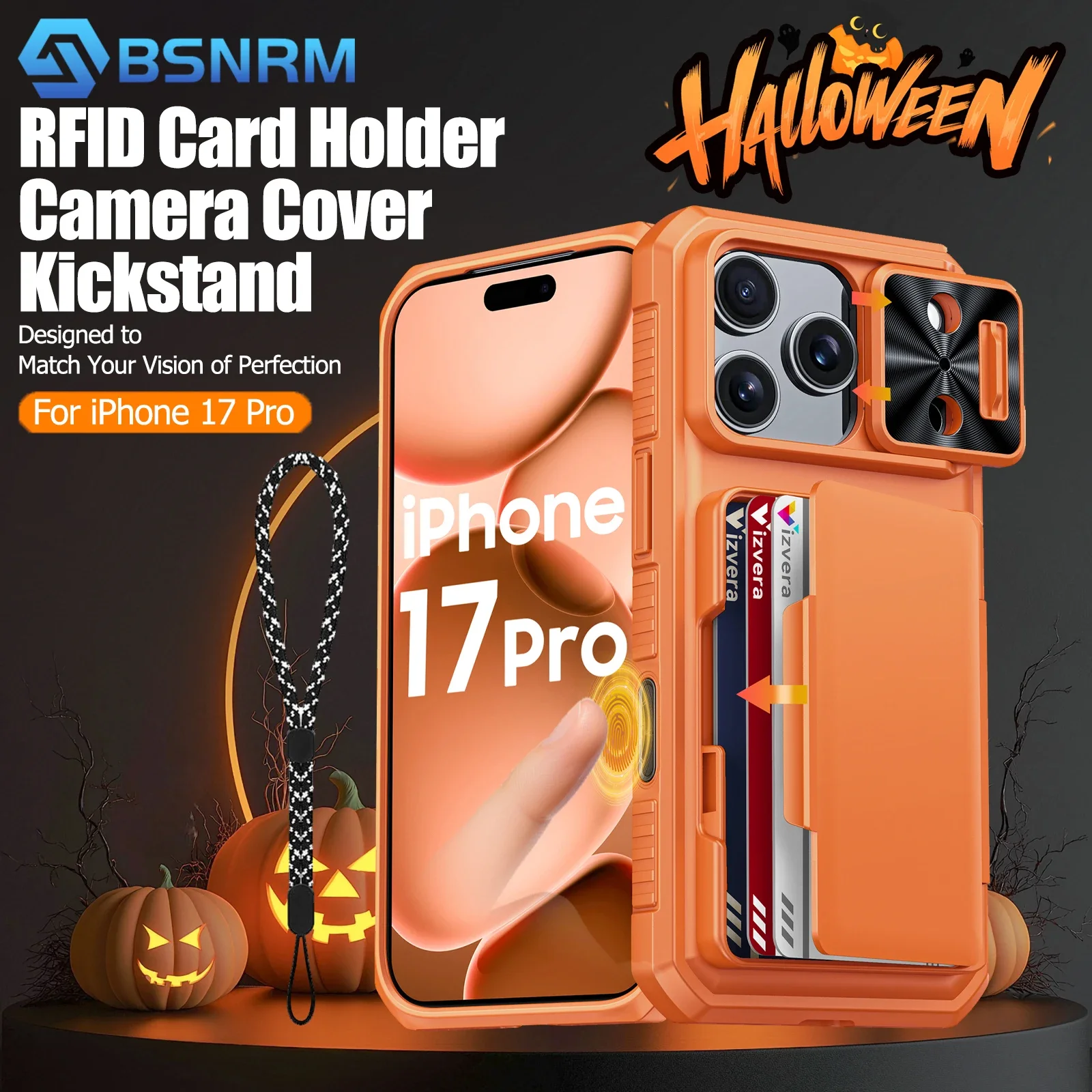 

Halloween Grifts,Full Body Protective with Card Holder (4 Cards) Camera Cover & Kickstand for iPhone 17 Pro Case-Orange