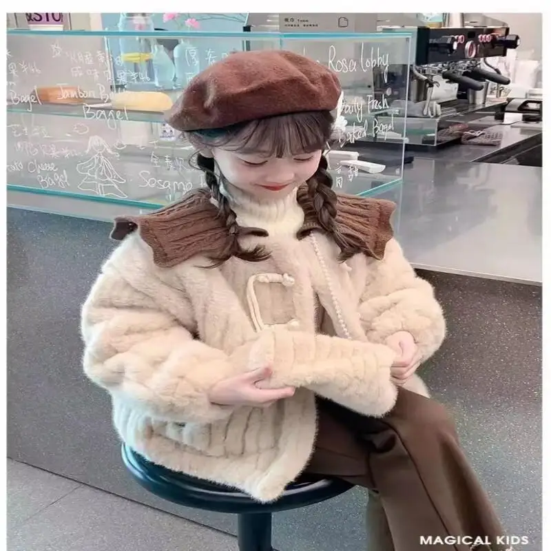 

Kawaii повседневное пальто, топы, модная детская одежда, плюшевая куртка для девочек, 2024, новая зимняя одежда в корейском стиле для детей, зимняя шерсть