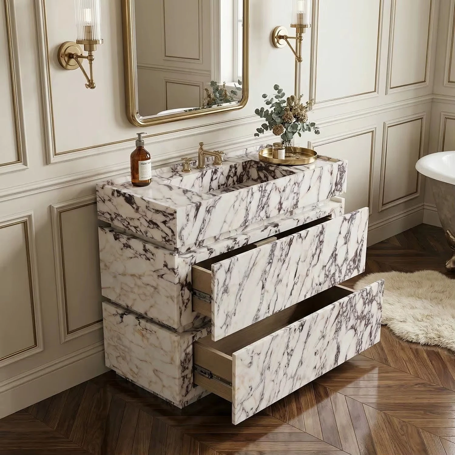 Luxury Stone Baths,Luxury Glossy Natural Stone Rectangle Calacatta Viola Marble Vanities With Wash Basin Sink And Container Draw