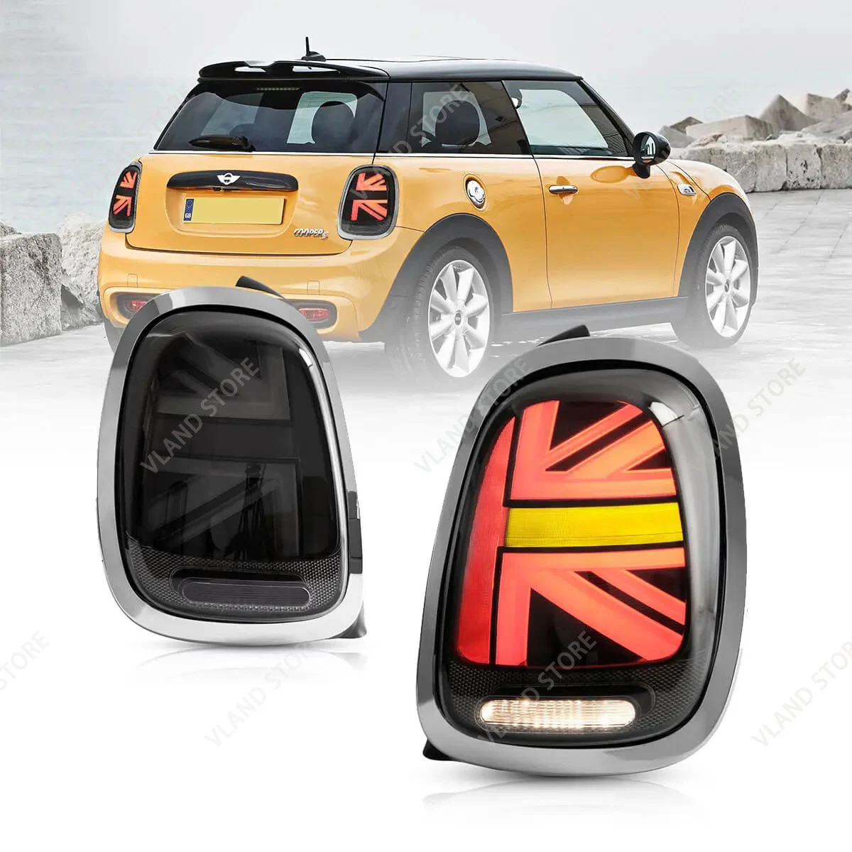 VLAND volledig LED-achterlichten voor de Mini Cooper F55, F56 en F57 (modeljaar 2014–2019), met sequentiële richtingaanwijzers en een complete achterlichtunit – een upgrade.