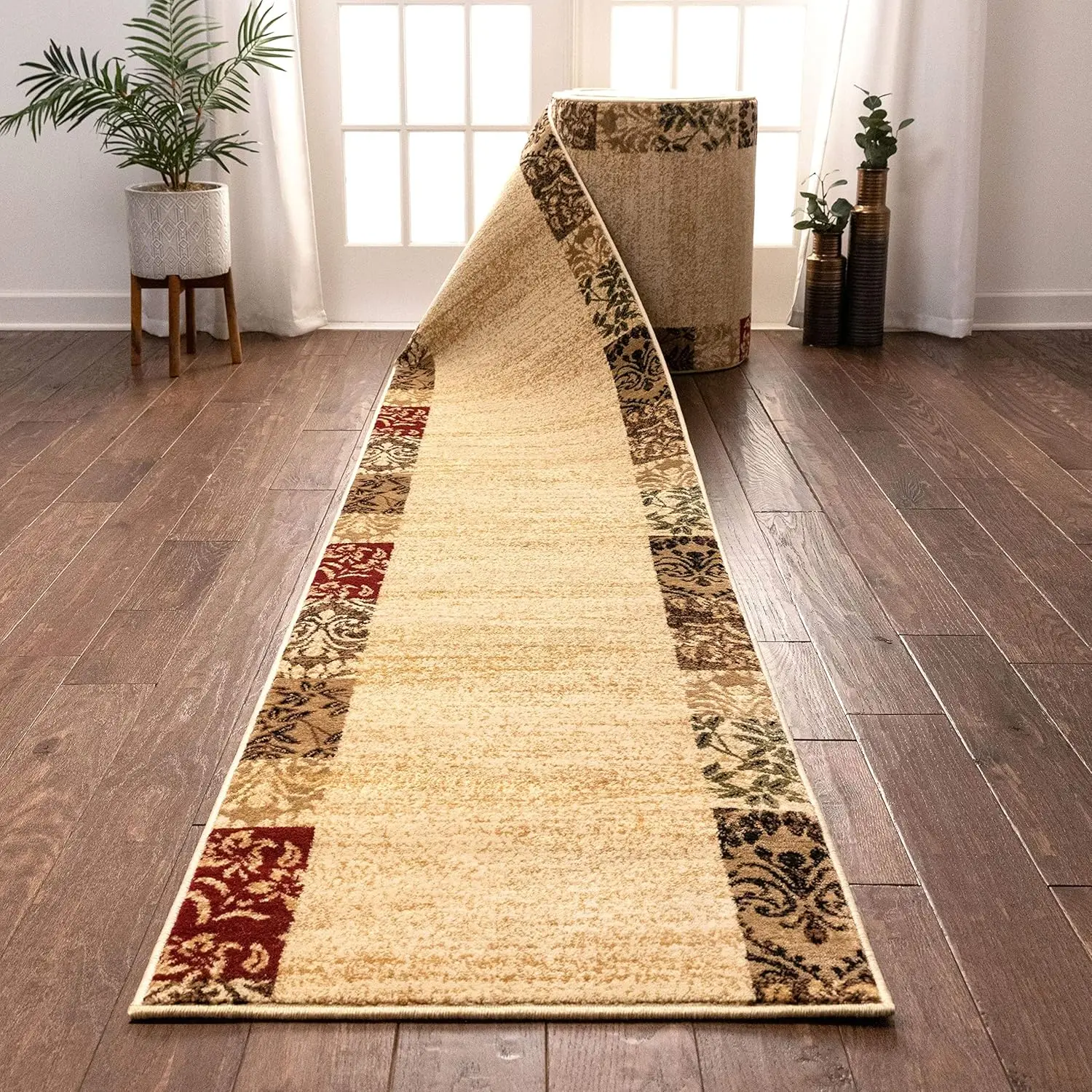 

Carpets Beige Modern Damask Border (27" x 20' Runner) Floral Oriental Carpet